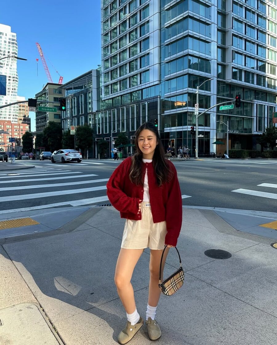 Chic summer look with tailored shorts and cardigan