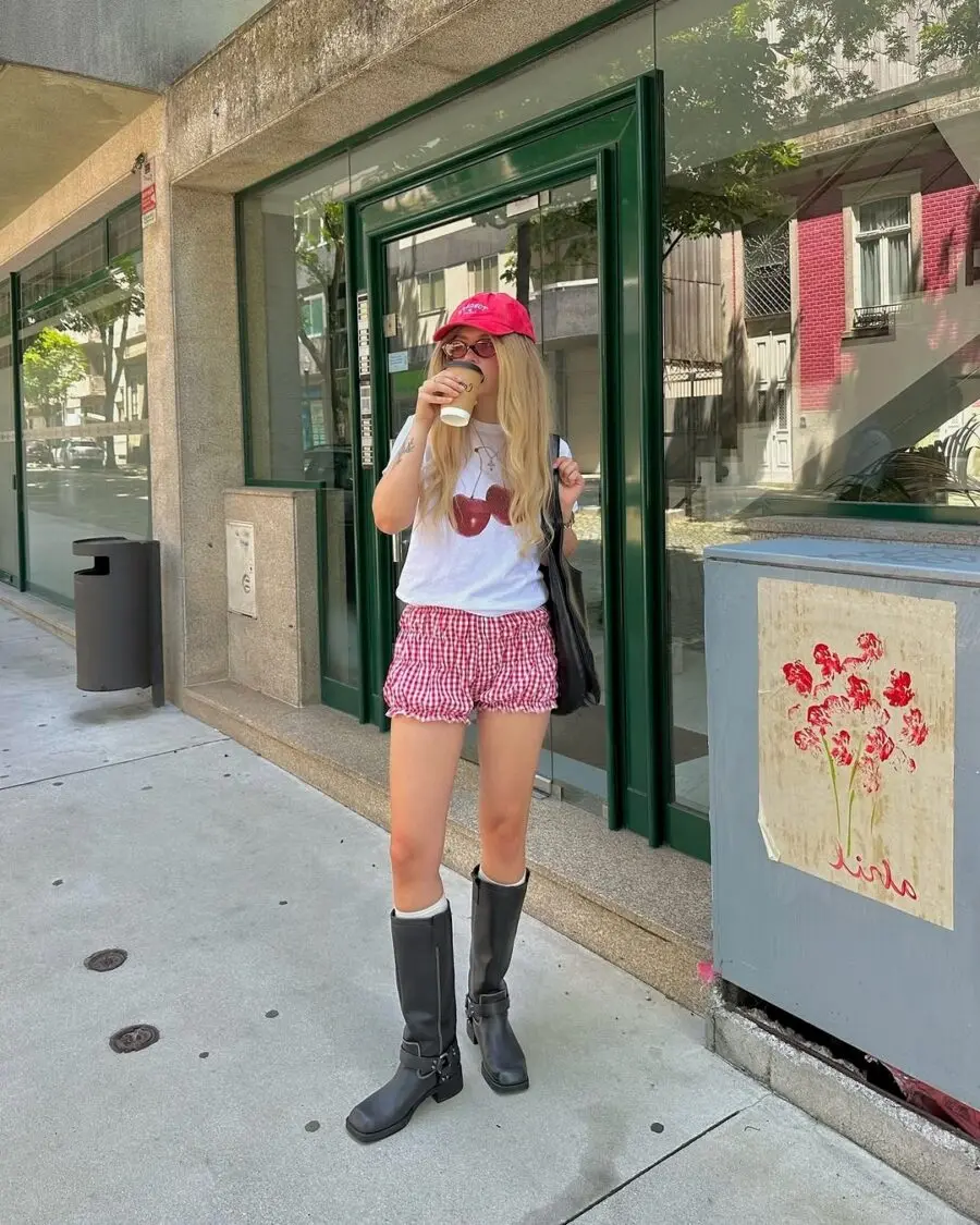 Chic summer look with playful shorts and boots