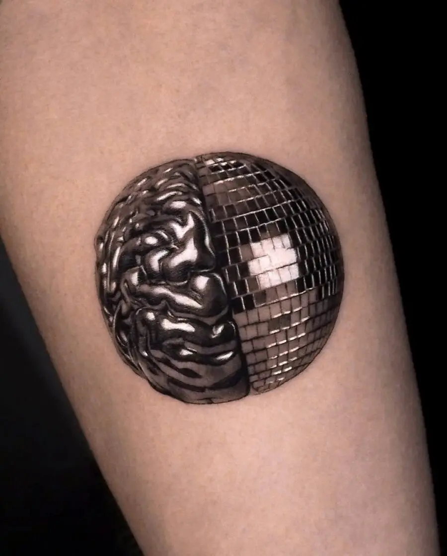 Innovative blend of brain and disco vibe tattoos