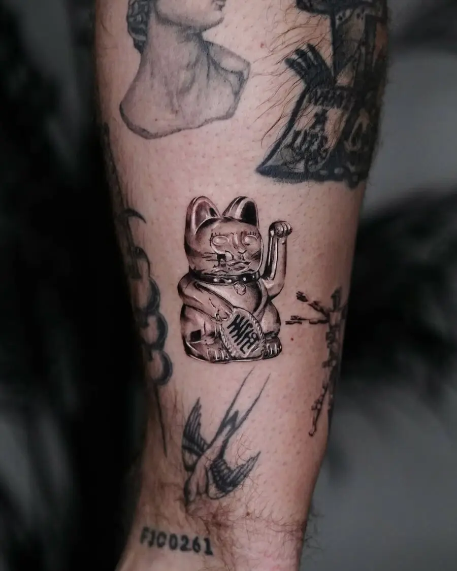 Stylish silver ink lucky cat tattoo design