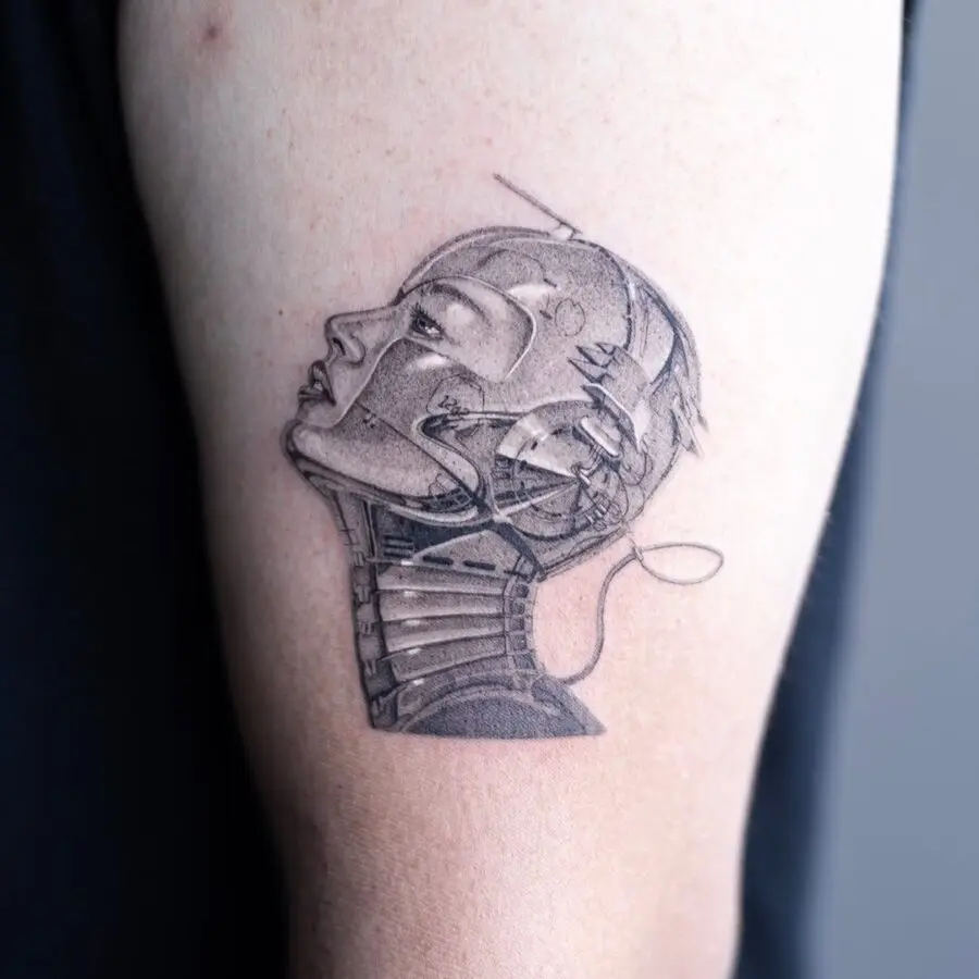Intricate silver ink robot face design