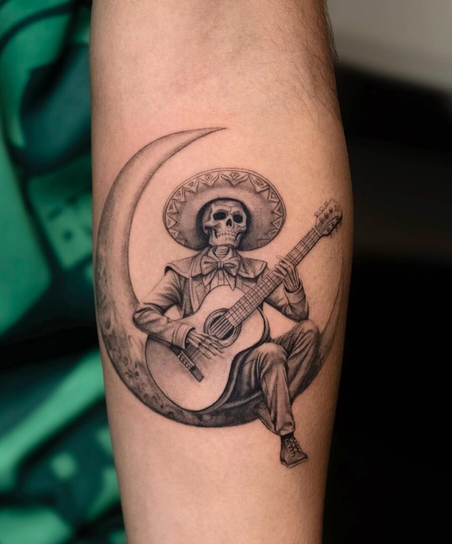 Elegant skeleton musician in harmony with the moon