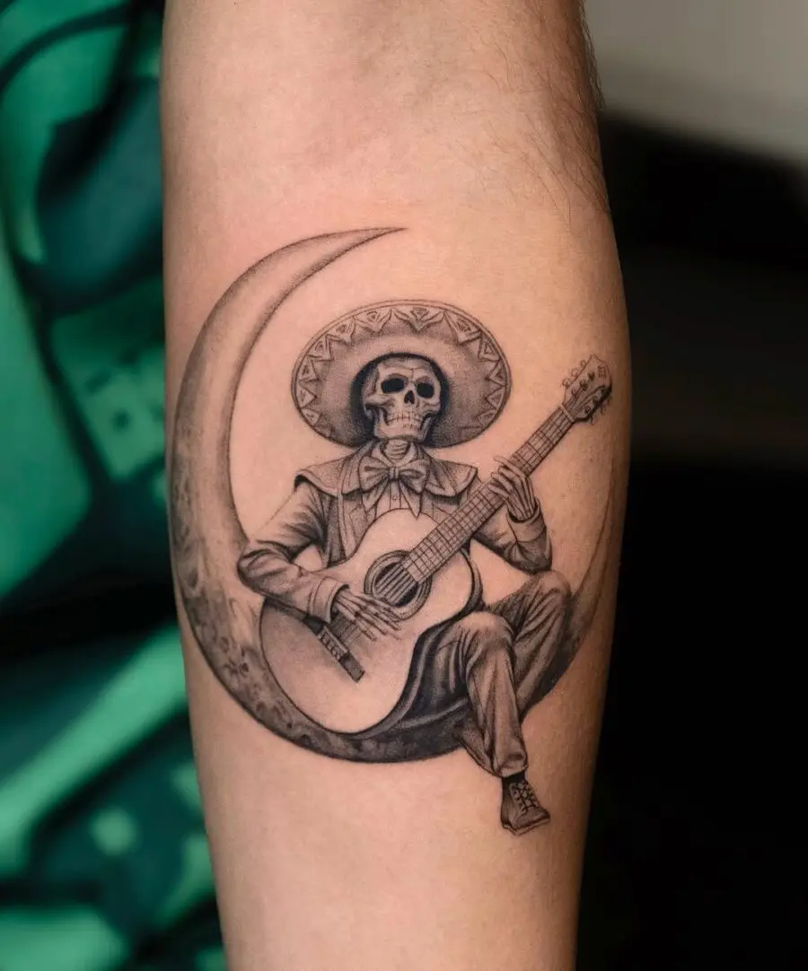 Elegant skeleton musician in harmony with the moon