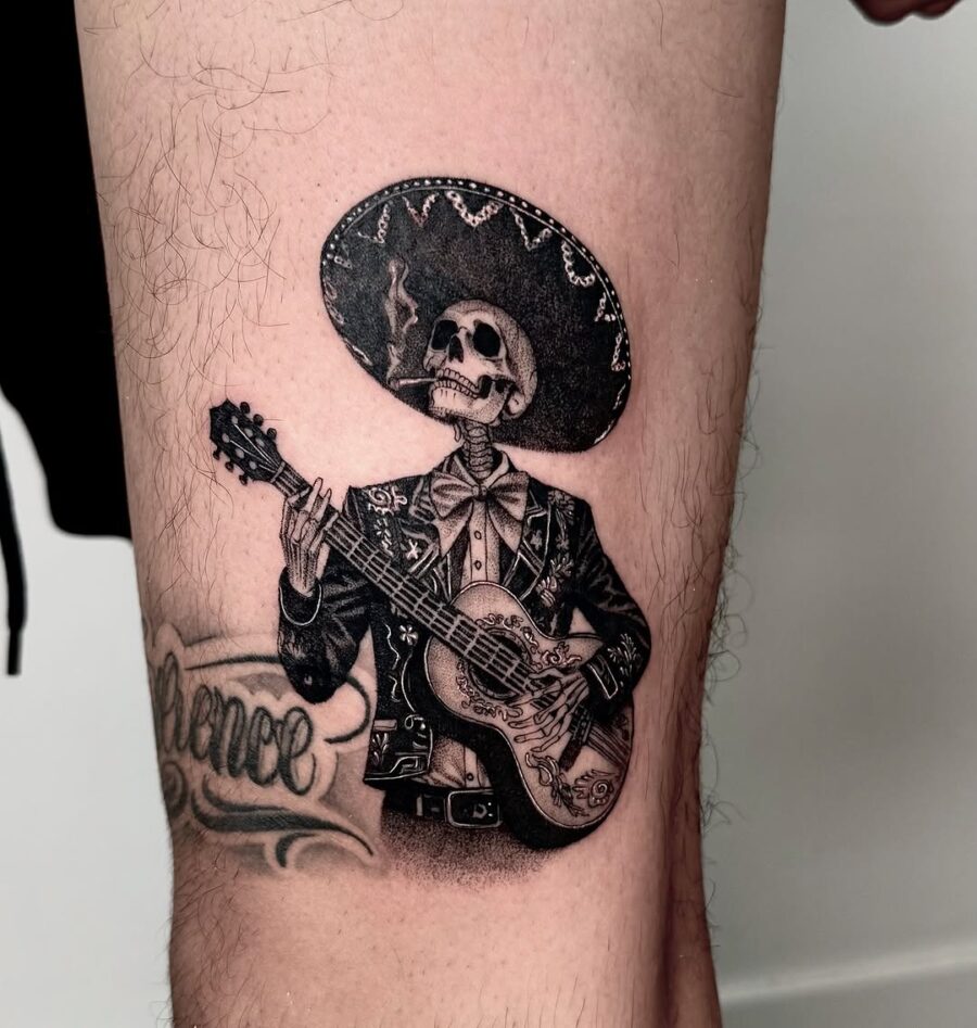 Artistic representation of a mariachi skeleton tattoo