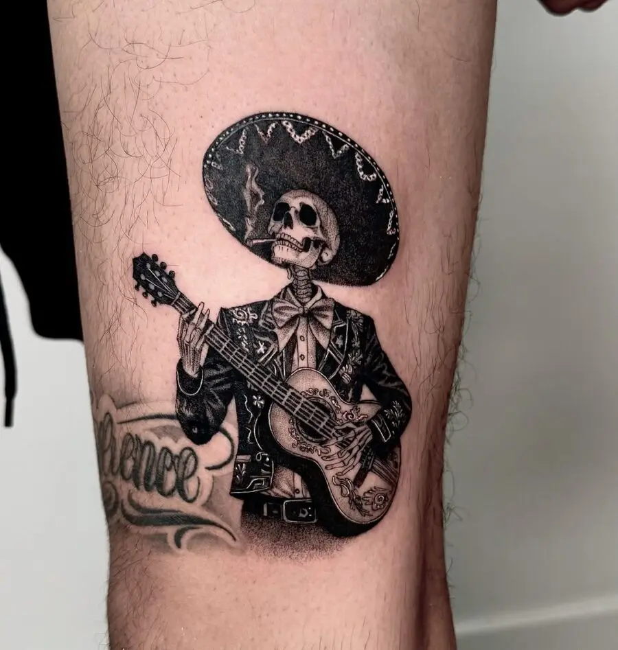 Artistic representation of a mariachi skeleton tattoo