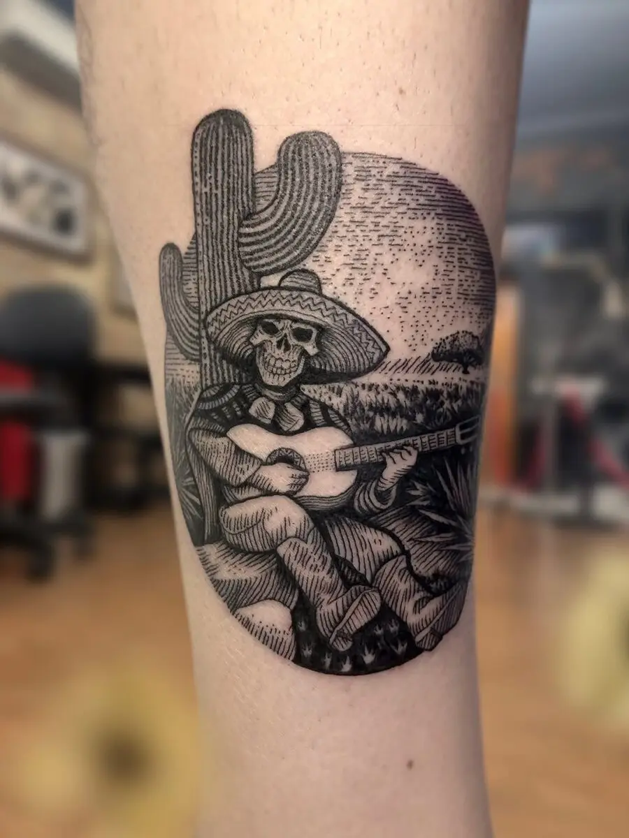 Vibrant Mexican skeleton musician under cactus