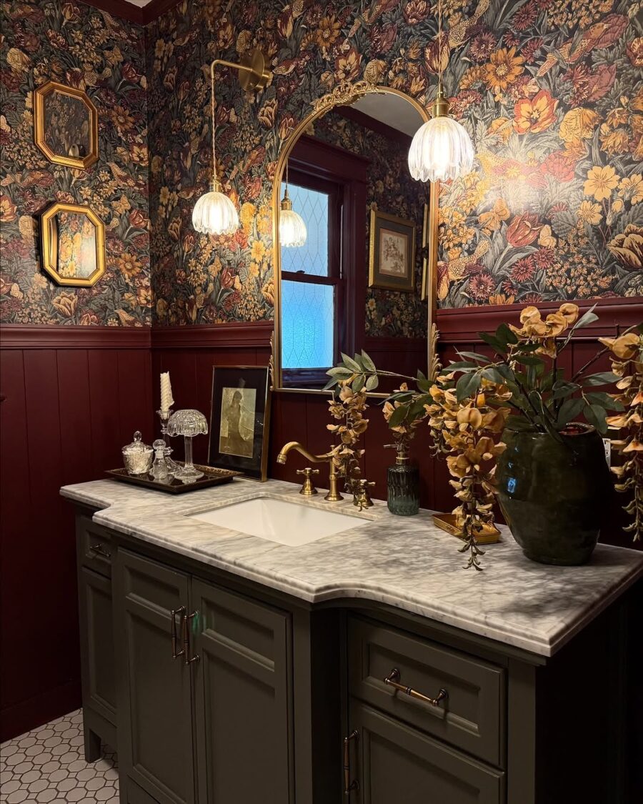Charming floral wallpaper with elegant fixtures