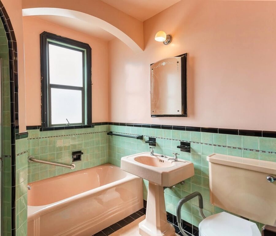 Charming pastel vintage bathroom decor elements
