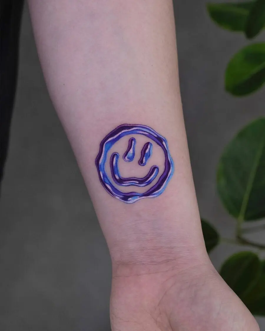 Colorful Smiley Face Tattoo with Wavy Lines