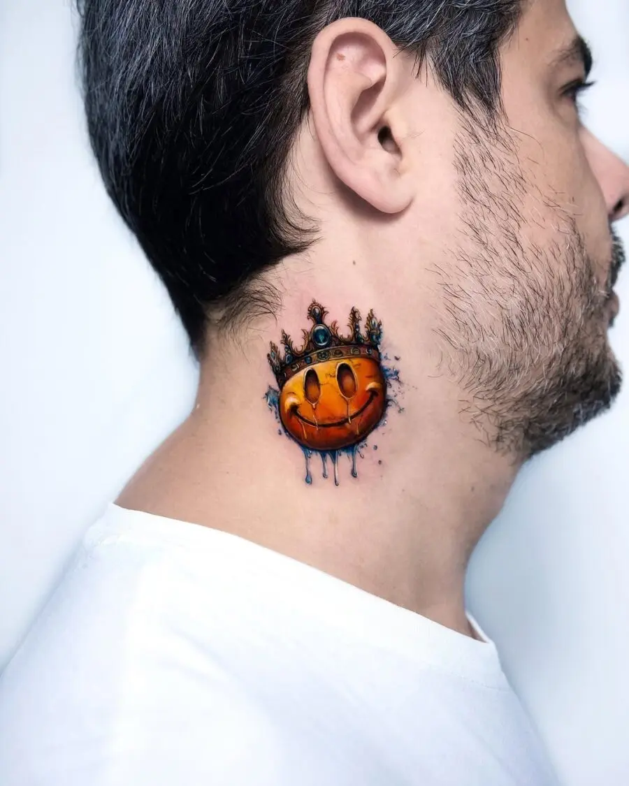 Colorful smiley neck tattoo with a crown
