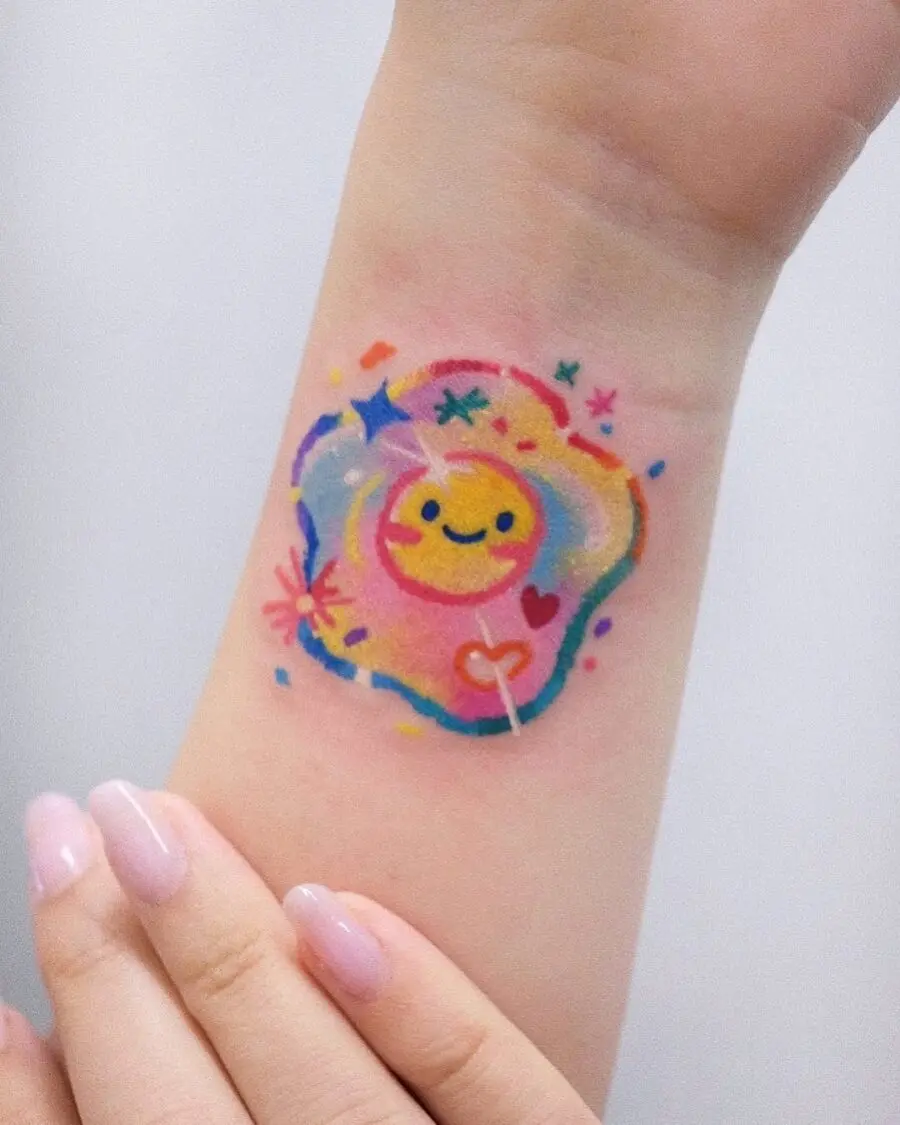 Whimsical egg tattoo with joyful sunny vibes