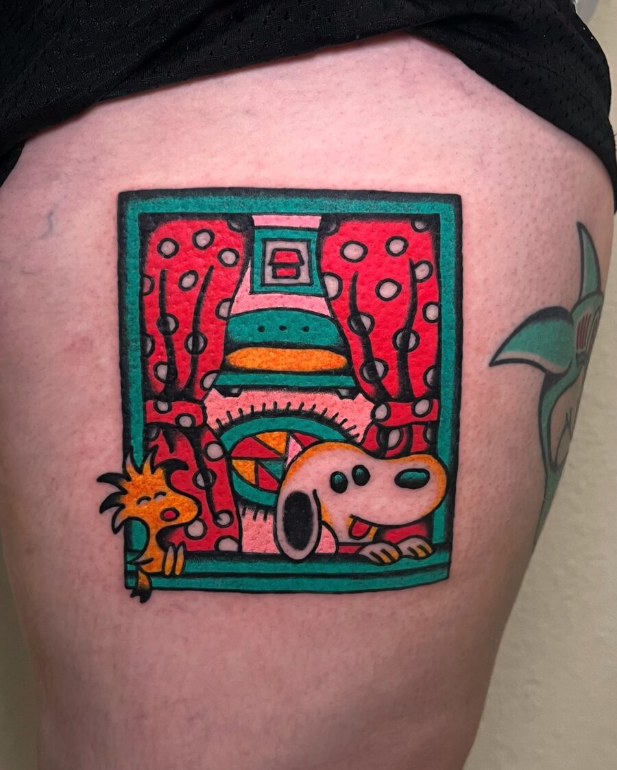 Whimsical Americana tattoo featuring beloved characters