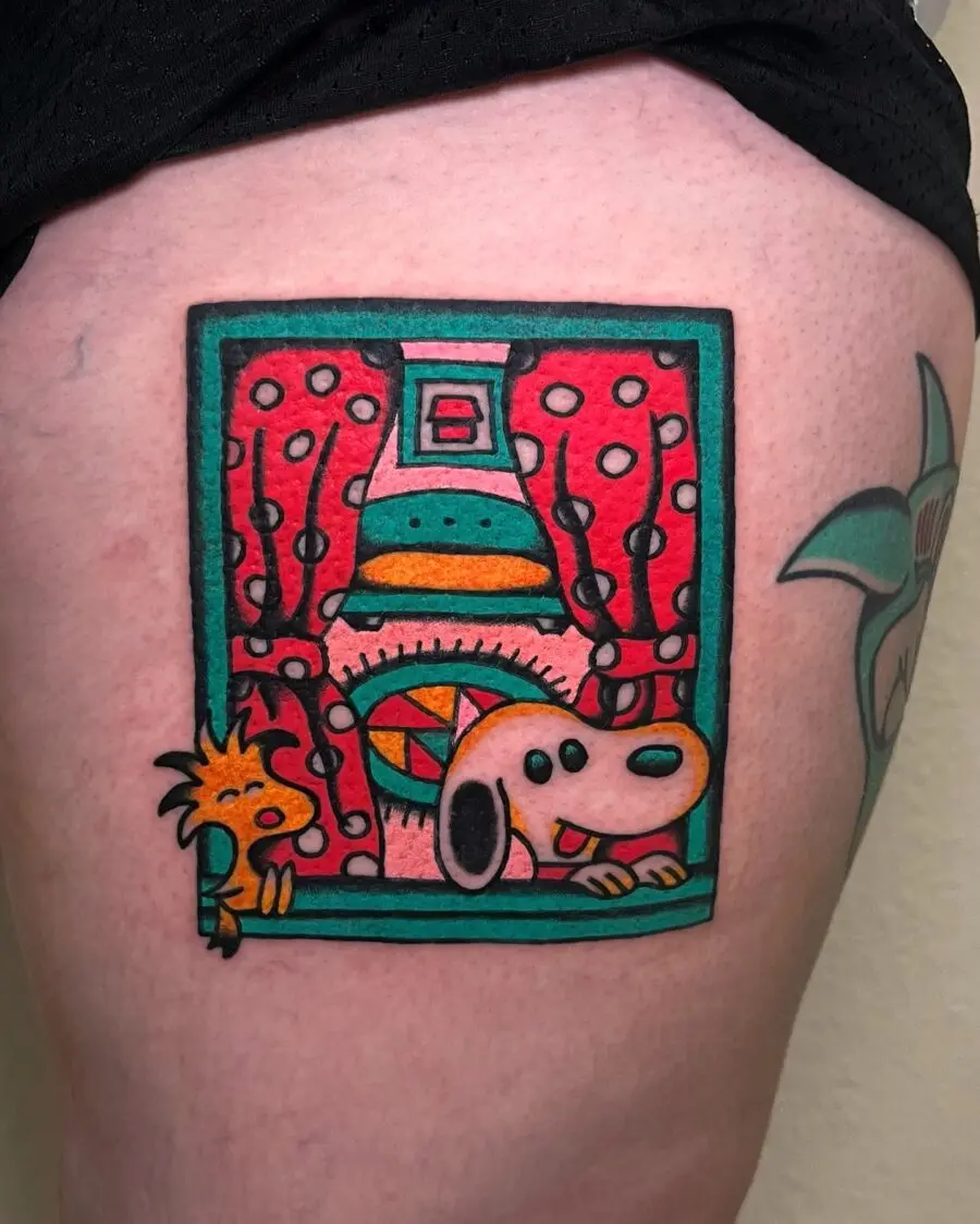 Whimsical Americana tattoo featuring beloved characters
