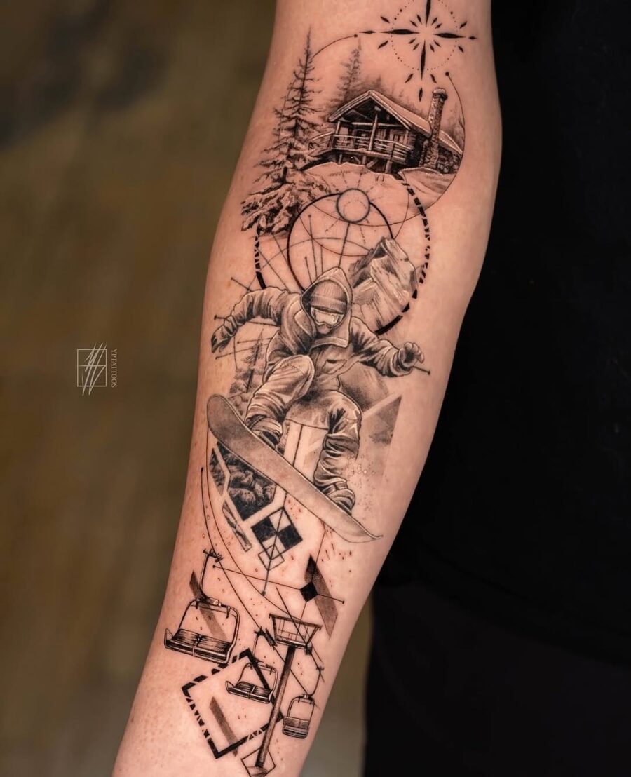 Detailed snowboard tattoo with nature elements