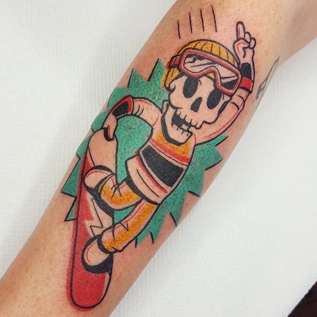 Playful skeleton riding a skateboard tattoo