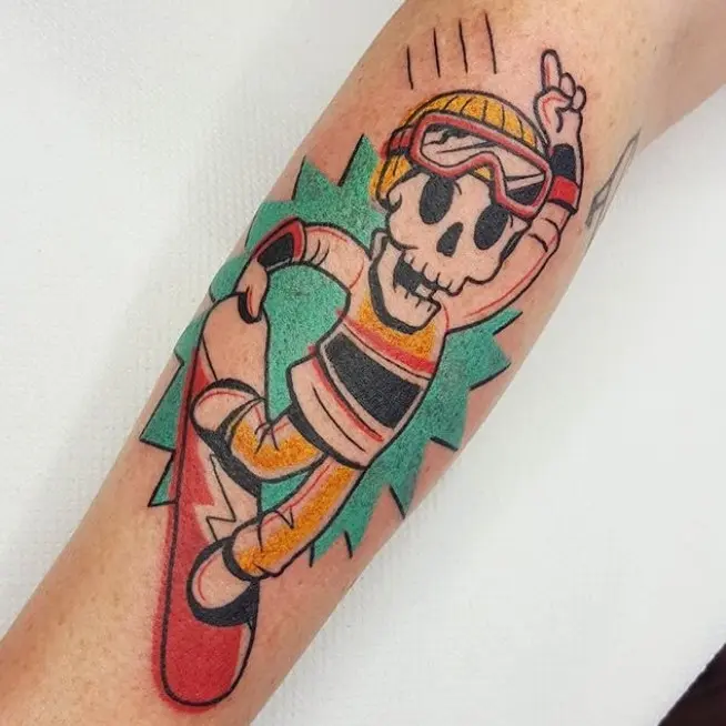 Playful skeleton riding a skateboard tattoo