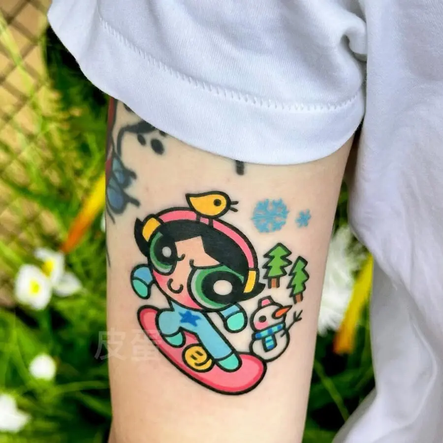 Playful snowboard tattoo with a whimsical vibe