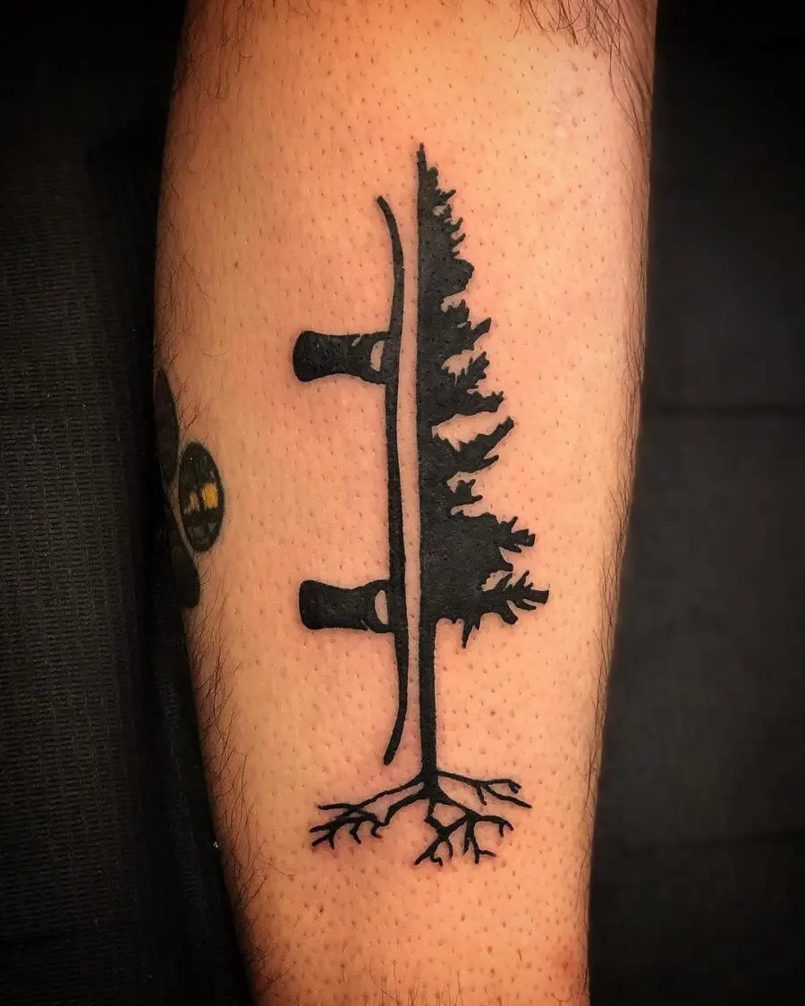 Unique snowboard tattoo combining nature and sport