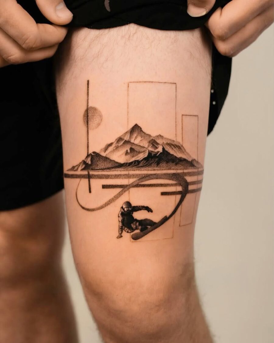 Stylish snowboard art with mountain backdrop