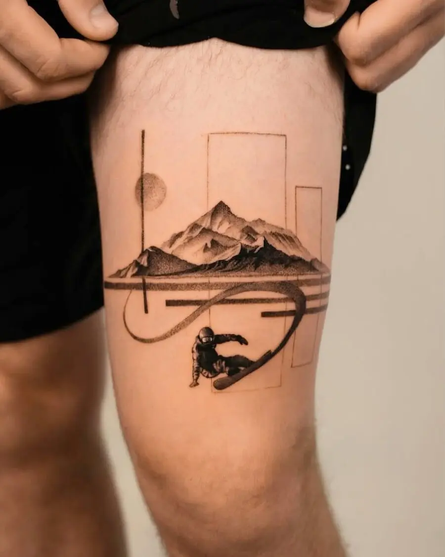 Stylish snowboard art with mountain backdrop