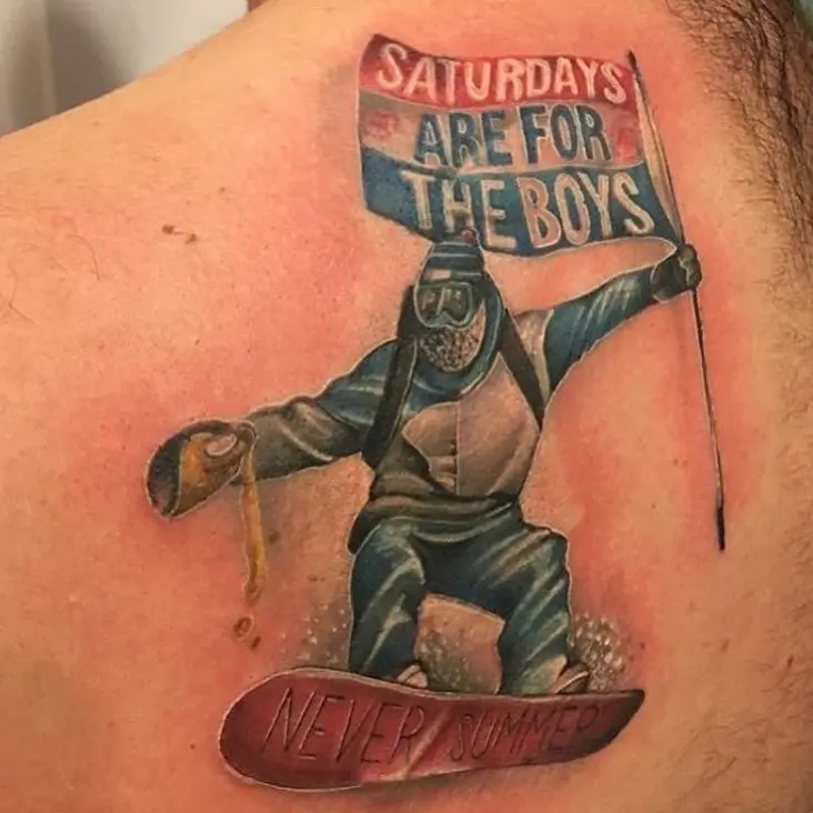 Whimsical snowboarding tattoo for playful vibes
