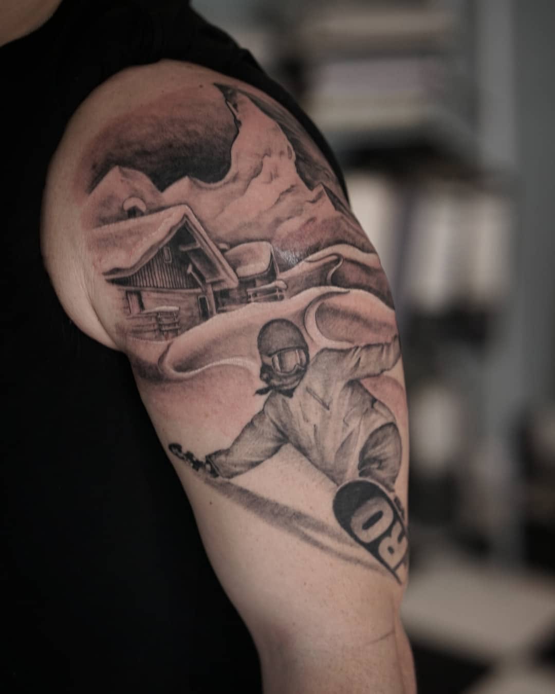 Dynamic snowboarder in a serene mountain setting