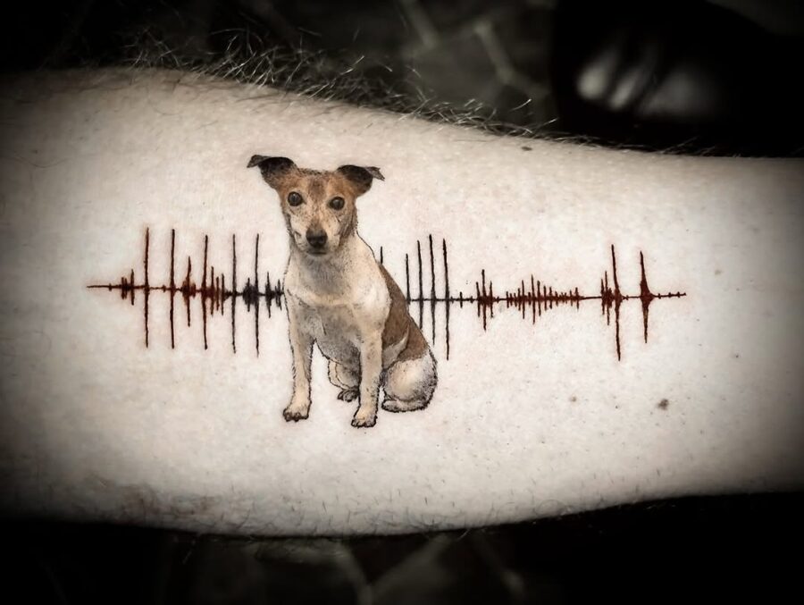 Whimsical soundwave tattoo featuring a cute dog