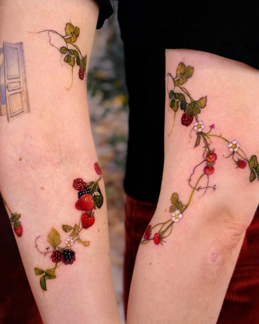 Vibrant Strawberry Vine Aesthetic Tattoos