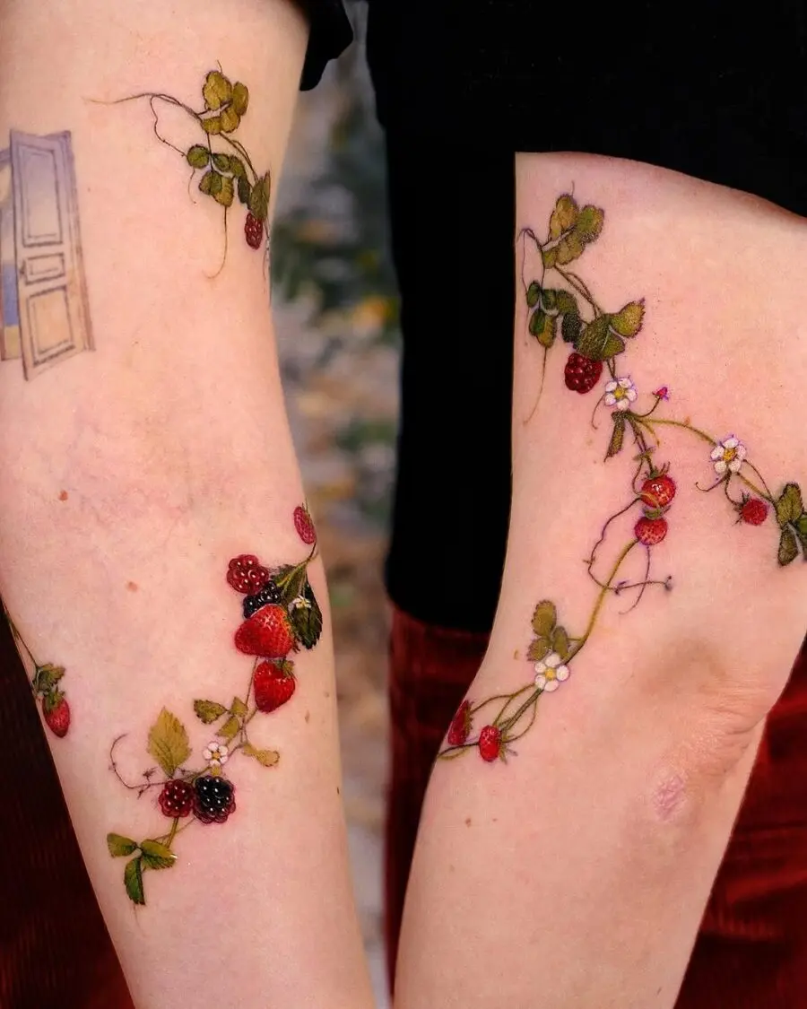 Vibrant Strawberry Vine Aesthetic Tattoos