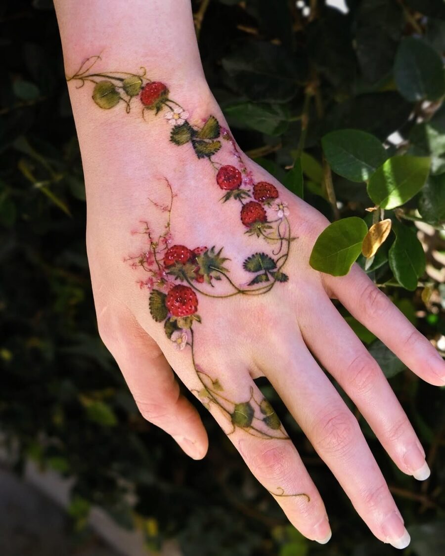 Floral Hand Tattoo Design with Strawberry Vibes