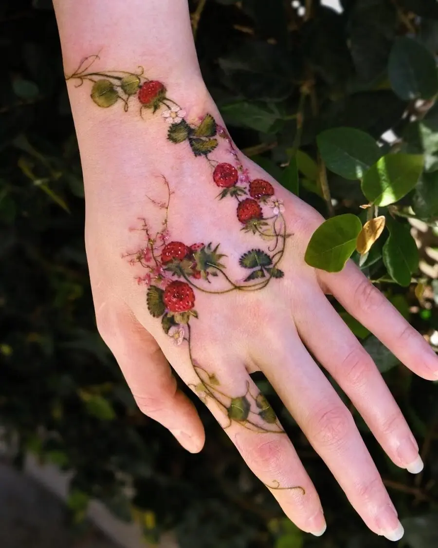 Floral Hand Tattoo Design with Strawberry Vibes
