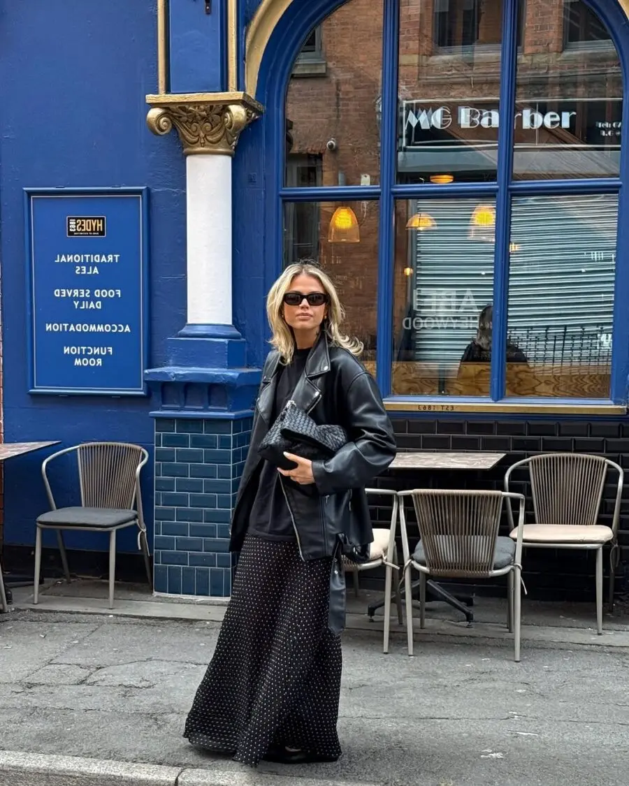 Chic leather jacket with polka dot flair