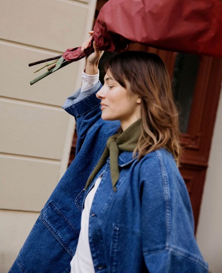 Chic Denim Jacket Look with Green Scarf