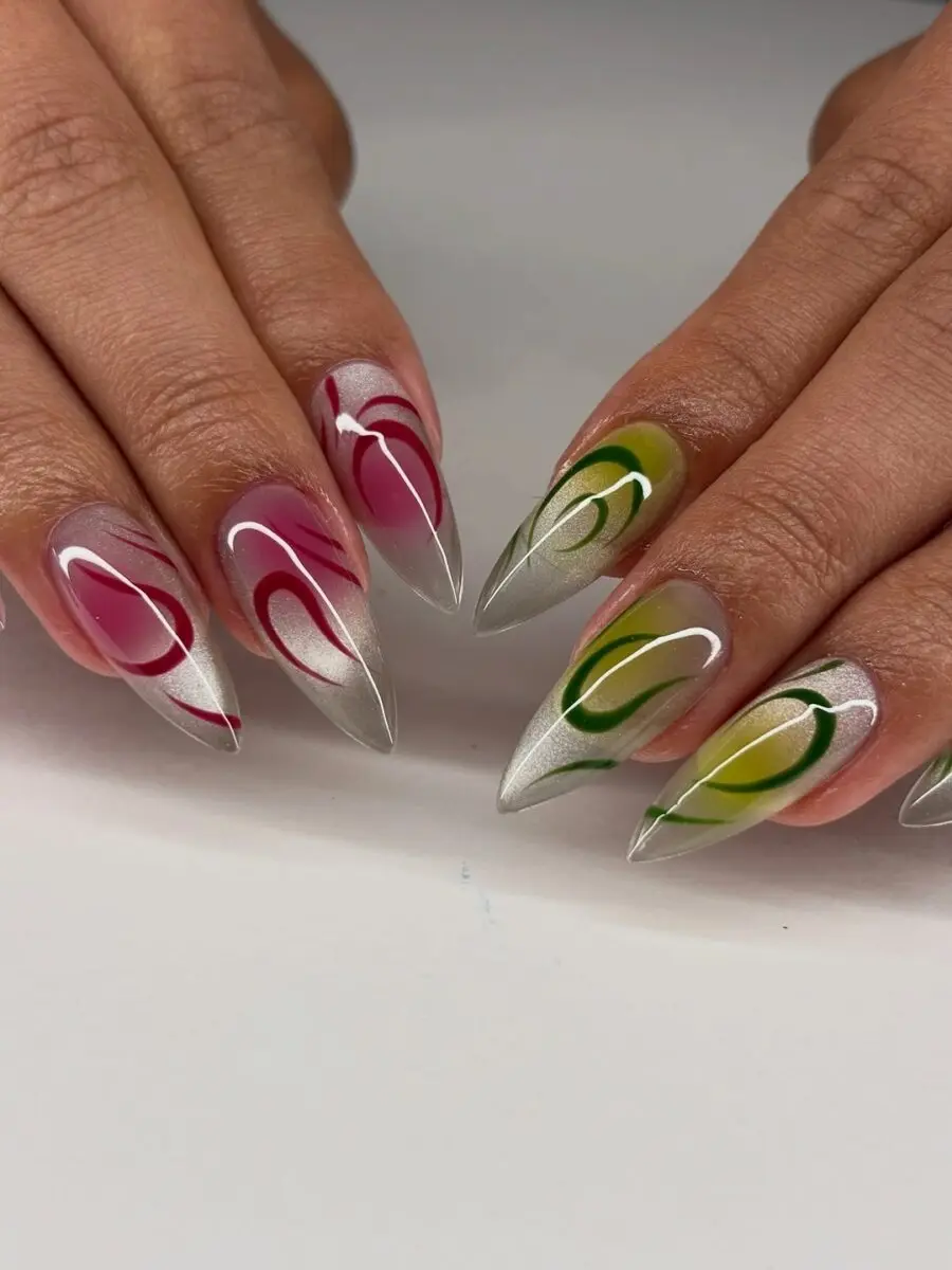 Chic matcha swirl nail art design
