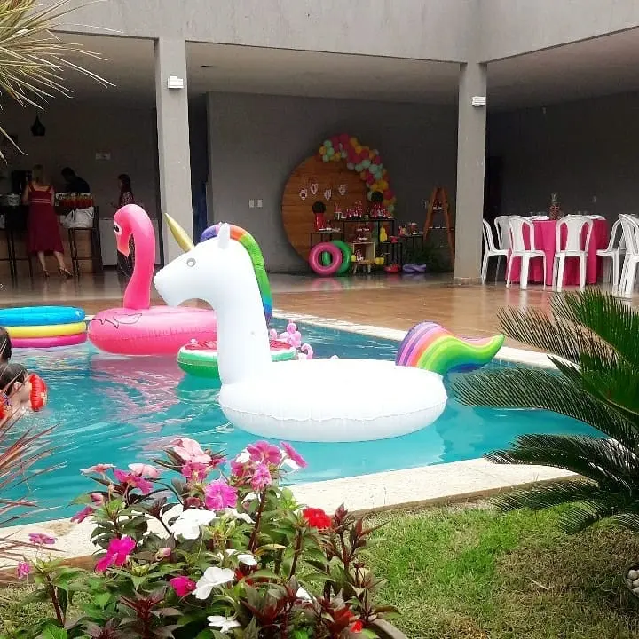 Colorful inflatables brighten up the pool area