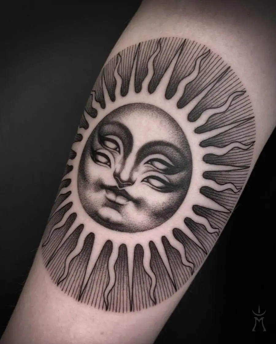 Stunning blackwork sun face tattoo design