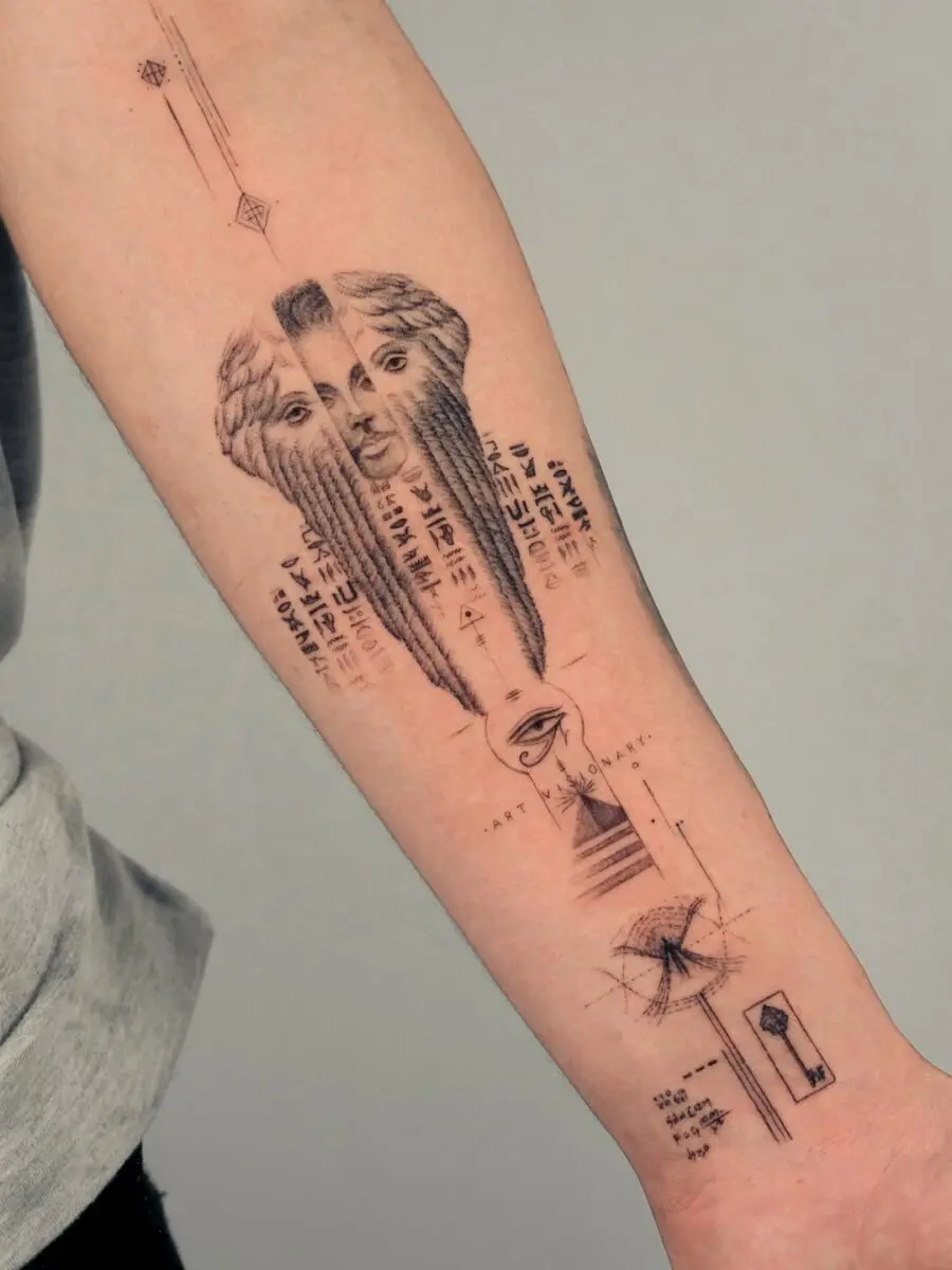 Intricate tattoo merging faces and geometric shapes