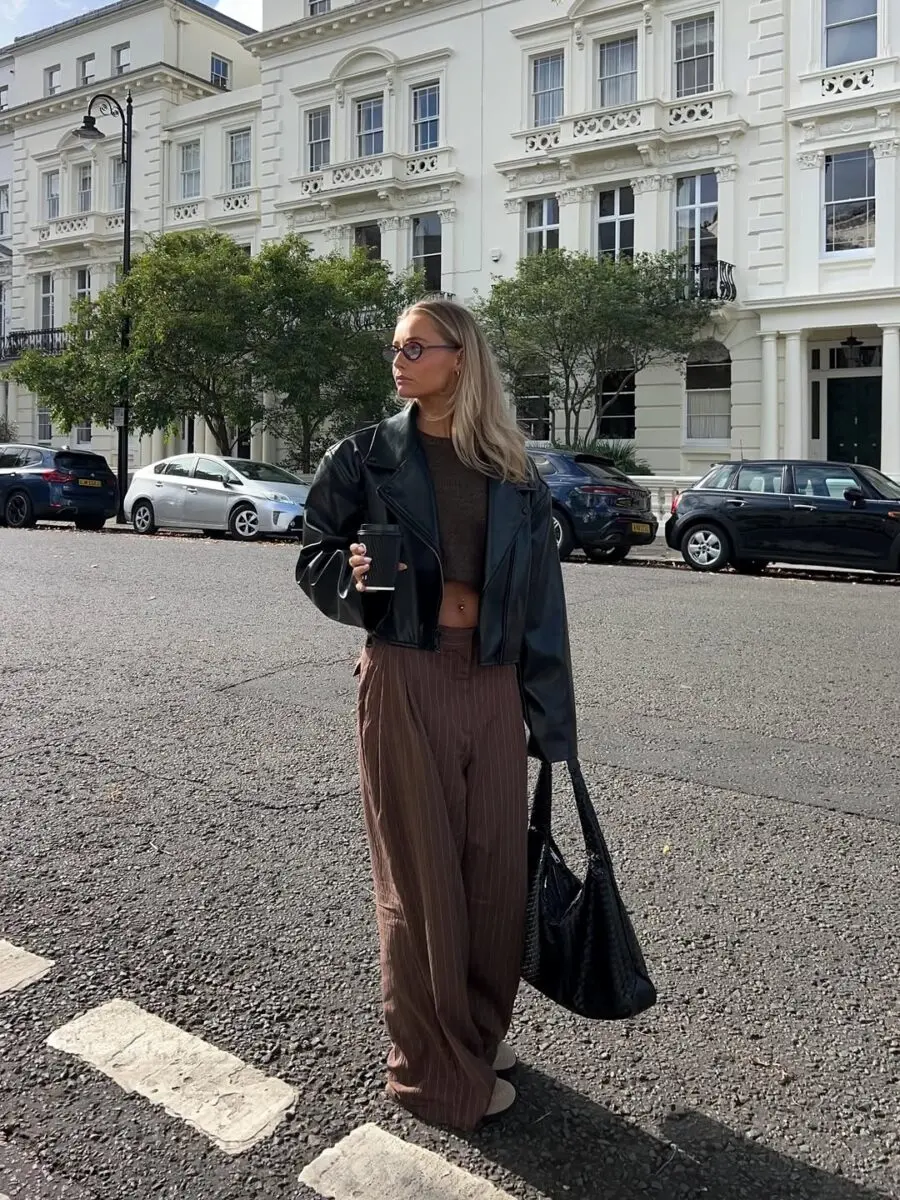 Chic street style with brown wide-leg pants