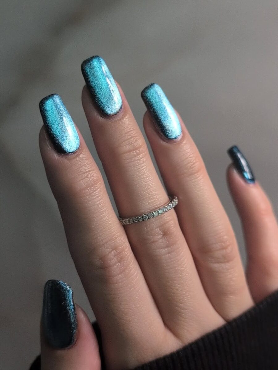 Striking Velvet Aqua Nails with Glam Shine