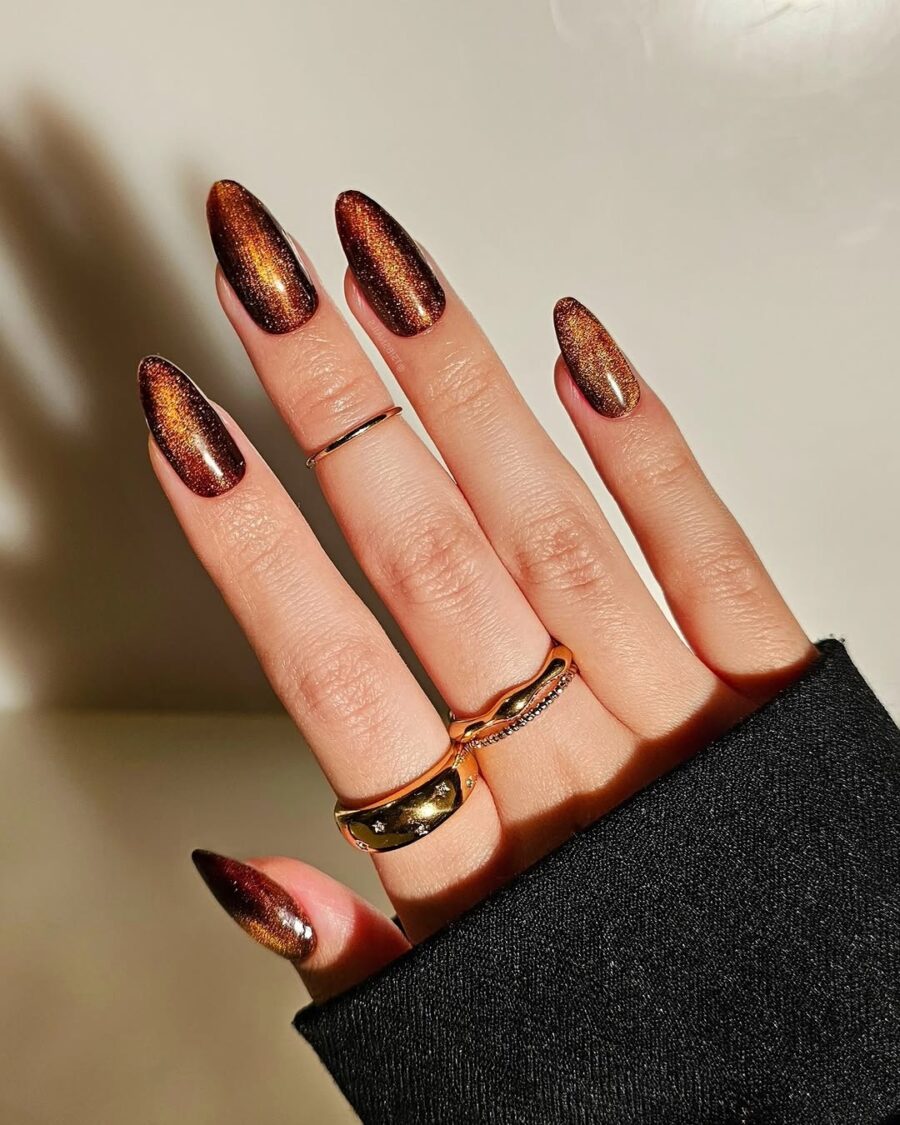 Elegant velvet nails with golden shimmer effect