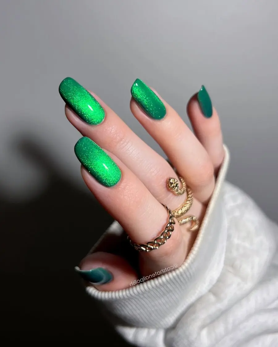 Glistening green velvet nails with stunning shimmer