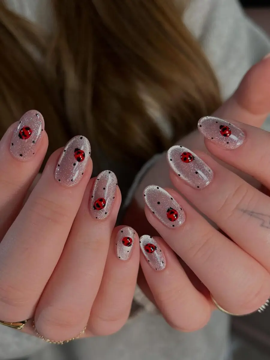 Chic Velvet Nails with Charming Ladybugs