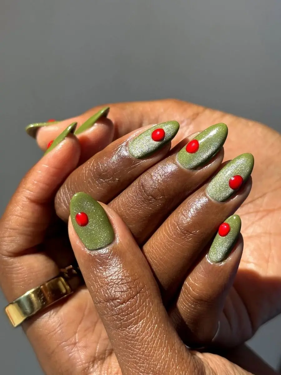 Chic Olive Green Velvet Nail Design with Dots