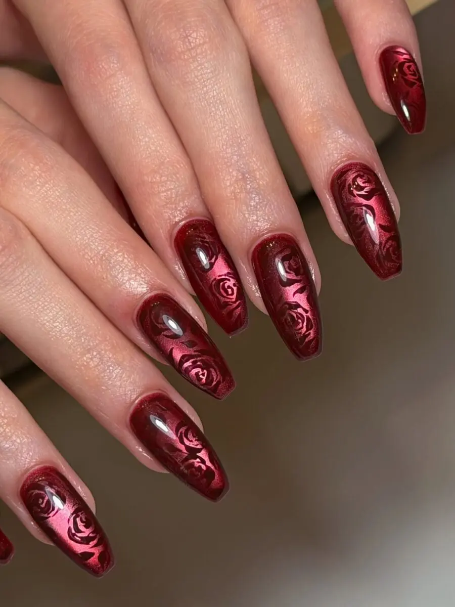 Glamorous Red Velvet Nail Design with Roses