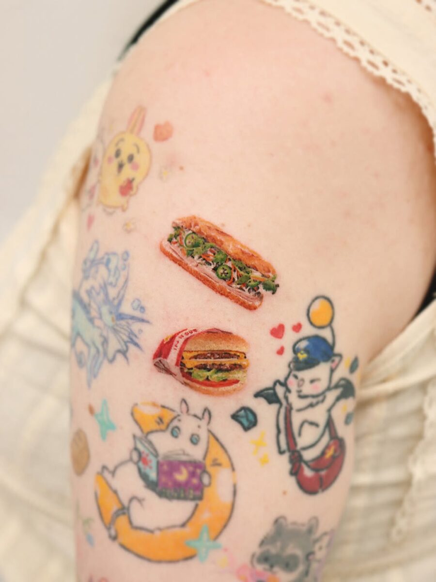 Colorful burger tattoos with playful design elements