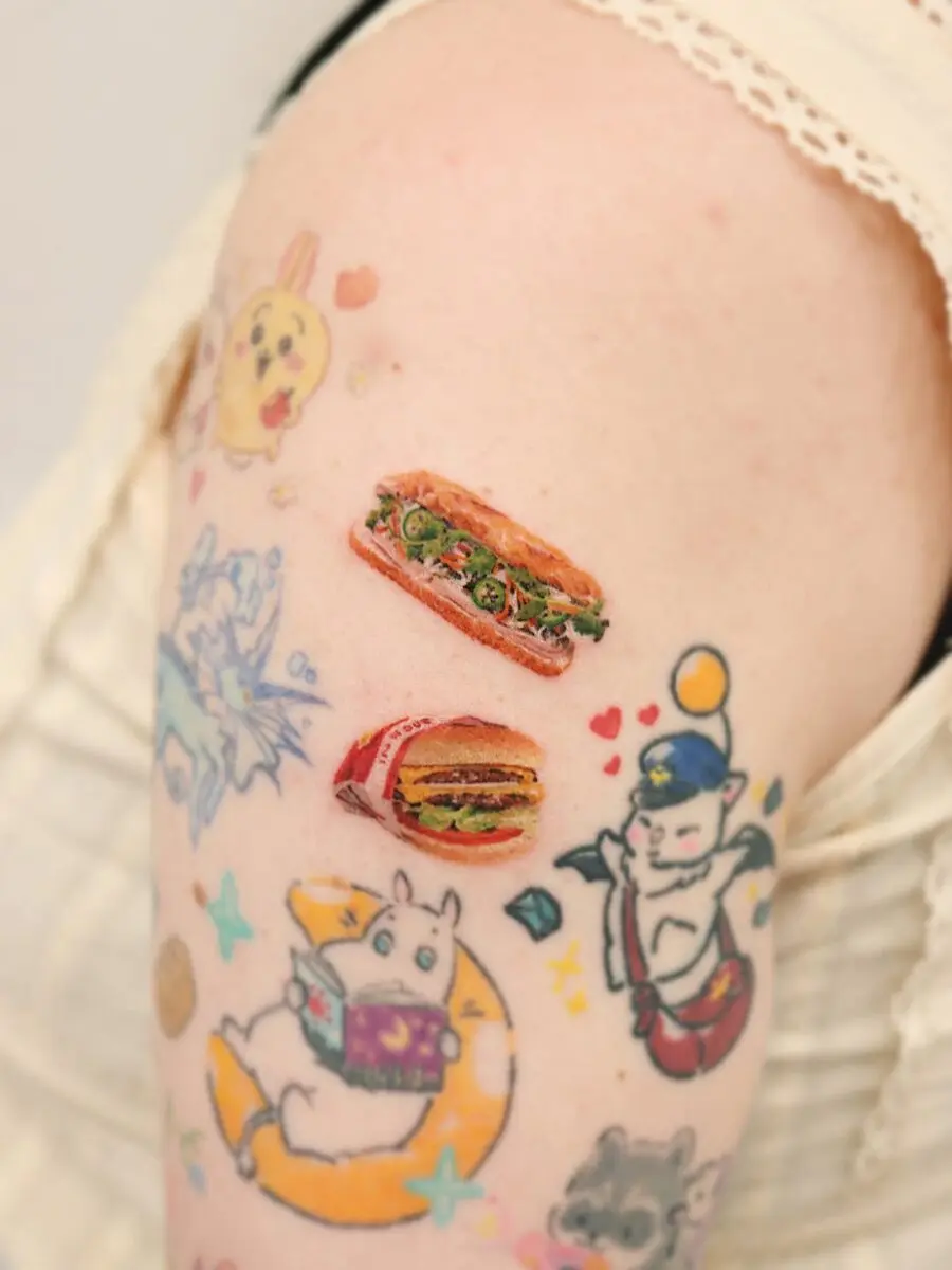 Colorful burger tattoos with playful design elements