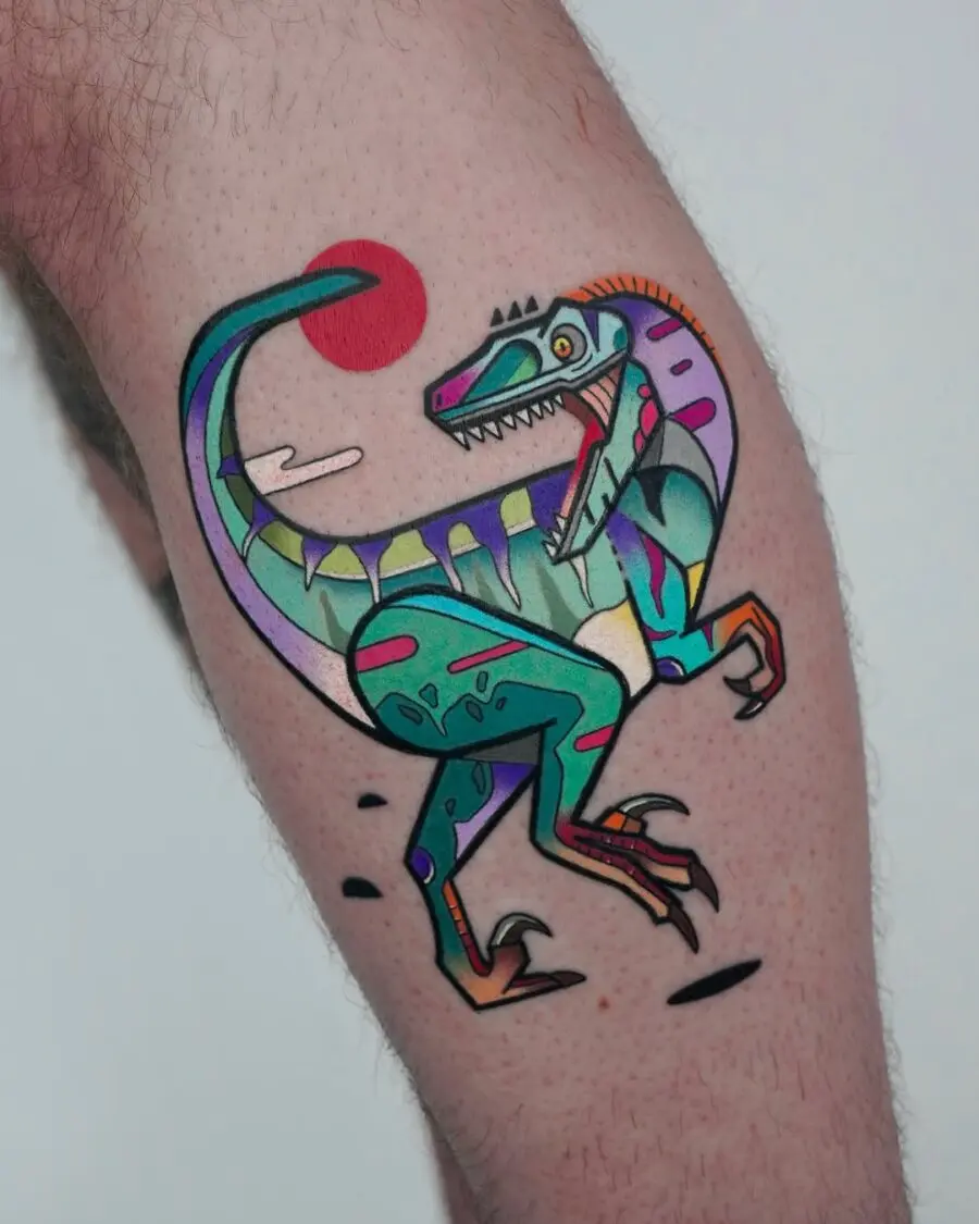 Bold cartoon dinosaur tattoo with vibrant colors
