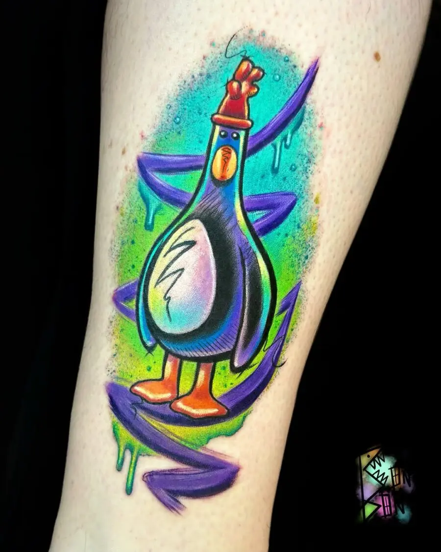 Whimsical pigeon tattoo bursting with color