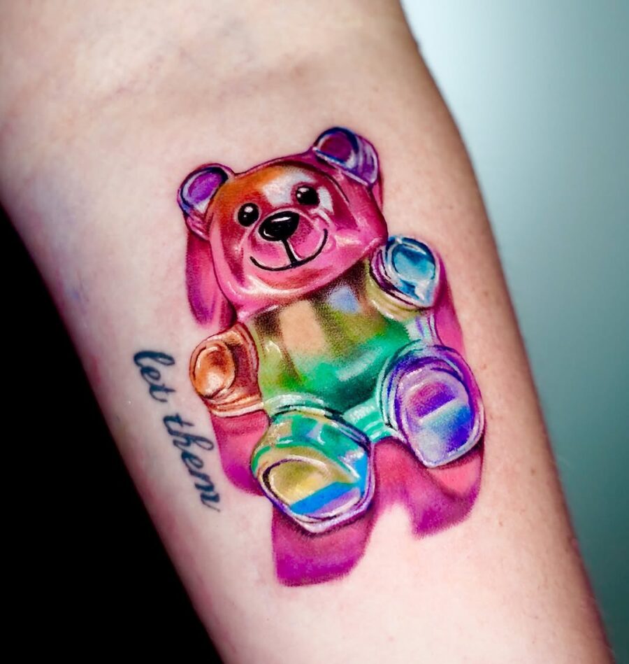 Colorful gummy bear tattoo with a playful touch