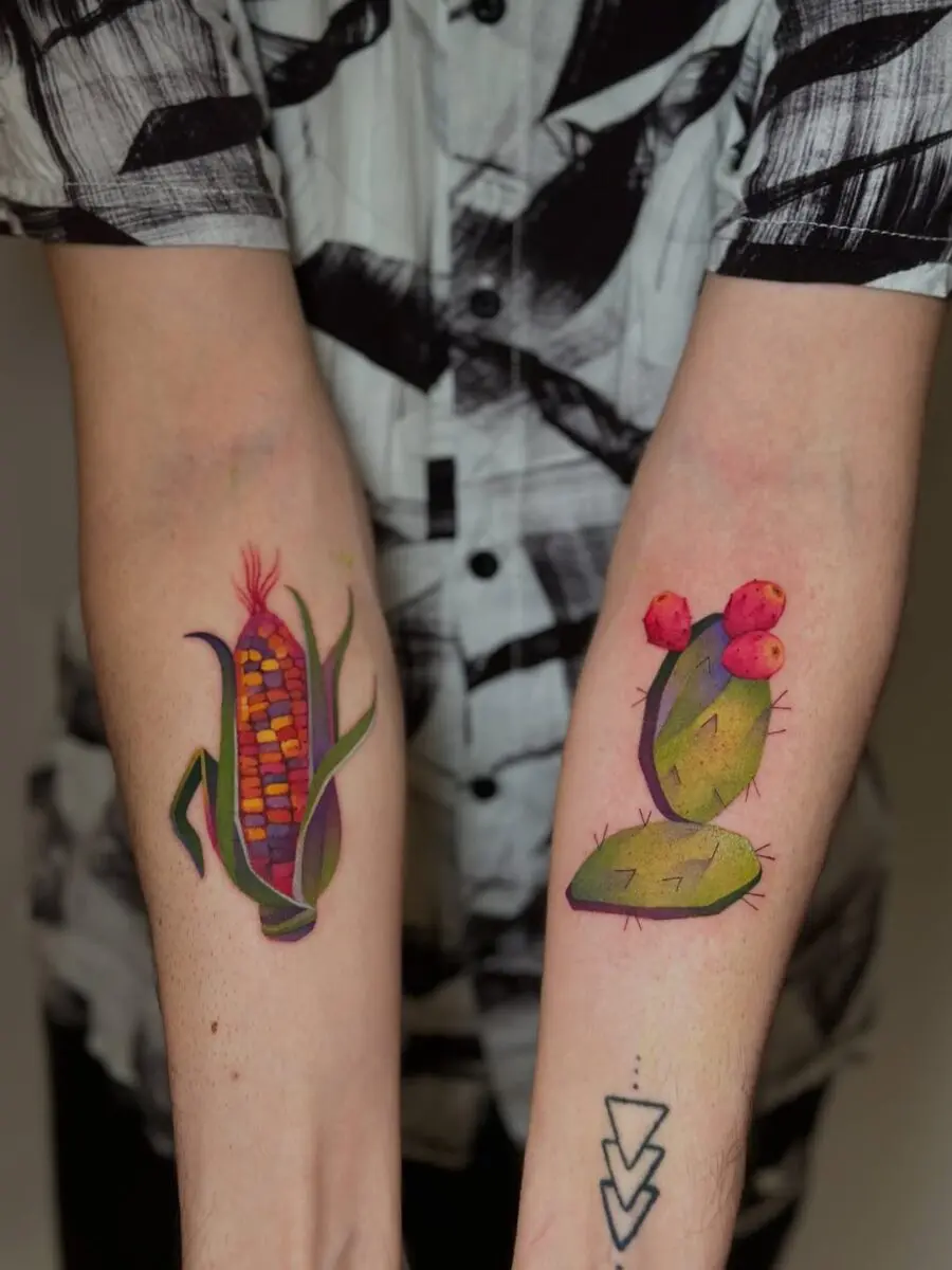 Colorful corn and cactus tattoos on display